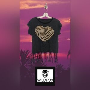 NWOT Wildfox Women's SMALL Zebra Heart Fringe Top - Gray TEE-SHIRT CUTE!